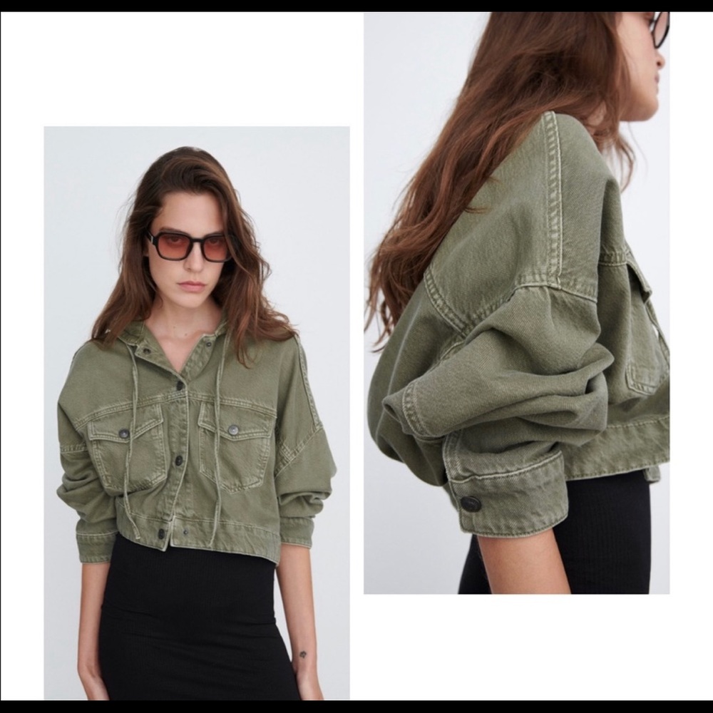 Zara NWOT crop green denim jacket